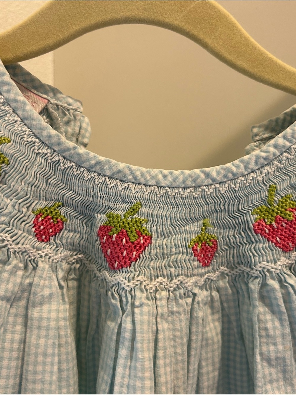 Petit Bebe Smocked Bishop Dress - Light Blue & White Gingham with Strawberries - Picture 8 of 9